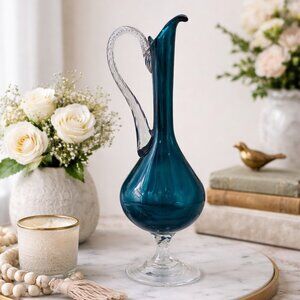 EMPOLI Italian Art Glass Footed Genie Pitcher Decanter Teal Blue Vintage